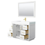 Miranda 48 Inch Single Bathroom Vanity in White, 4 Inch Thick Matte White Solid Surface Countertop, Integrated Sink, Brushed Gold Trim, 46 Inch Mirror