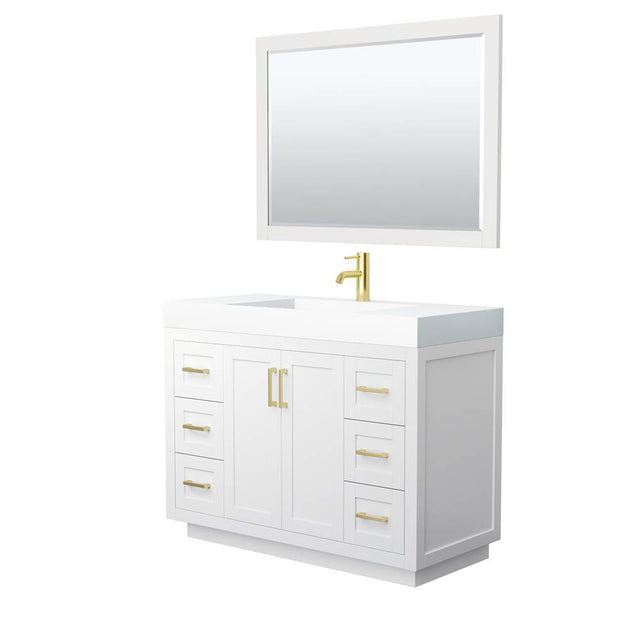 Wyndham Collection - Miranda 48 Inch Single Bathroom Vanity in White, 4 Inch Thick Matte White Solid Surface Countertop, Integrated Sink, Brushed Gold Trim, 46 Inch Mirror