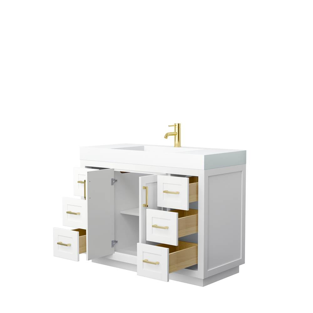 Miranda 48 Inch Single Bathroom Vanity in White, 4 Inch Thick Matte White Solid Surface Countertop, Integrated Sink, Brushed Gold Trim