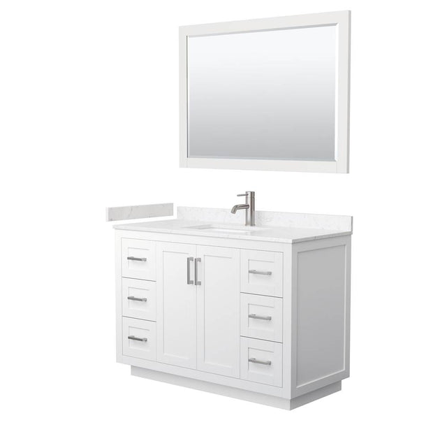 Wyndham Collection - Miranda 48 Inch Single Bathroom Vanity in White, Carrara Cultured Marble Countertop, Undermount Square Sink, Brushed Nickel Trim, 46 Inch Mirror
