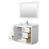 Miranda 48 Inch Single Bathroom Vanity in White, White Carrara Marble Countertop, Undermount Square Sink, Brushed Nickel Trim, 46 Inch Mirror