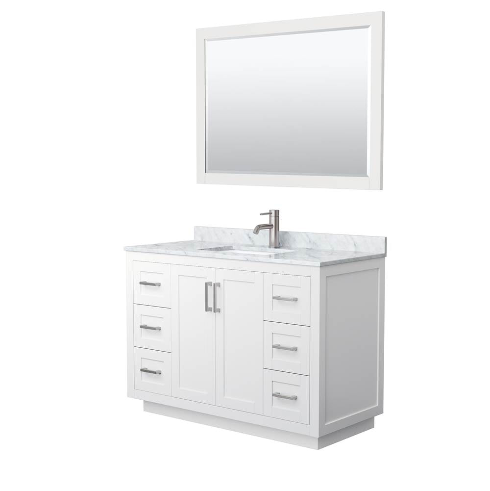 Wyndham Collection - Miranda 48 Inch Single Bathroom Vanity in White, White Carrara Marble Countertop, Undermount Square Sink, Brushed Nickel Trim, 46 Inch Mirror