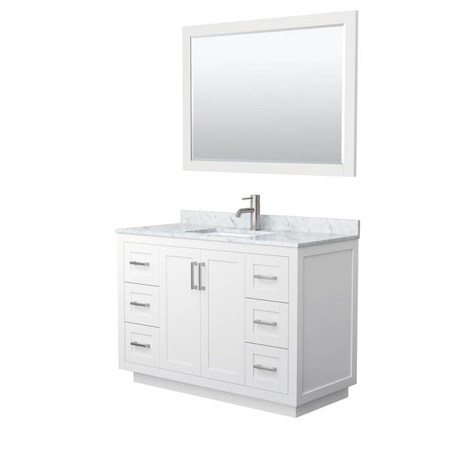 Wyndham Collection - Miranda 48 Inch Single Bathroom Vanity in White, White Carrara Marble Countertop, Undermount Square Sink, Brushed Nickel Trim, 46 Inch Mirror