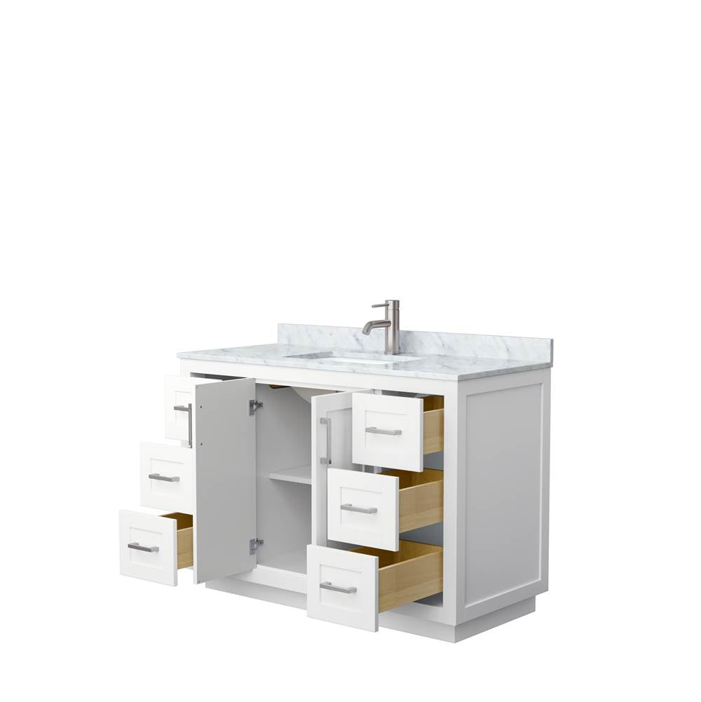 Miranda 48 Inch Single Bathroom Vanity in White, White Carrara Marble Countertop, Undermount Square Sink, Brushed Nickel Trim