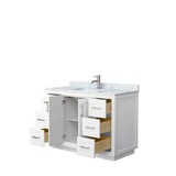 Miranda 48 Inch Single Bathroom Vanity in White, White Carrara Marble Countertop, Undermount Square Sink, Brushed Nickel Trim