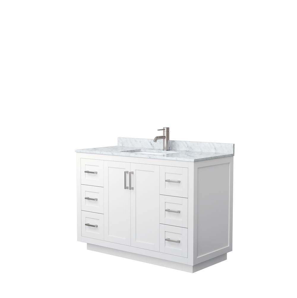 Wyndham Collection - Miranda 48 Inch Single Bathroom Vanity in White, White Carrara Marble Countertop, Undermount Square Sink, Brushed Nickel Trim