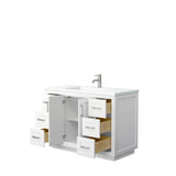 Miranda 48 Inch Single Bathroom Vanity in White, 1.25 Inch Thick Matte White Solid Surface Countertop, Integrated Sink, Brushed Nickel Trim