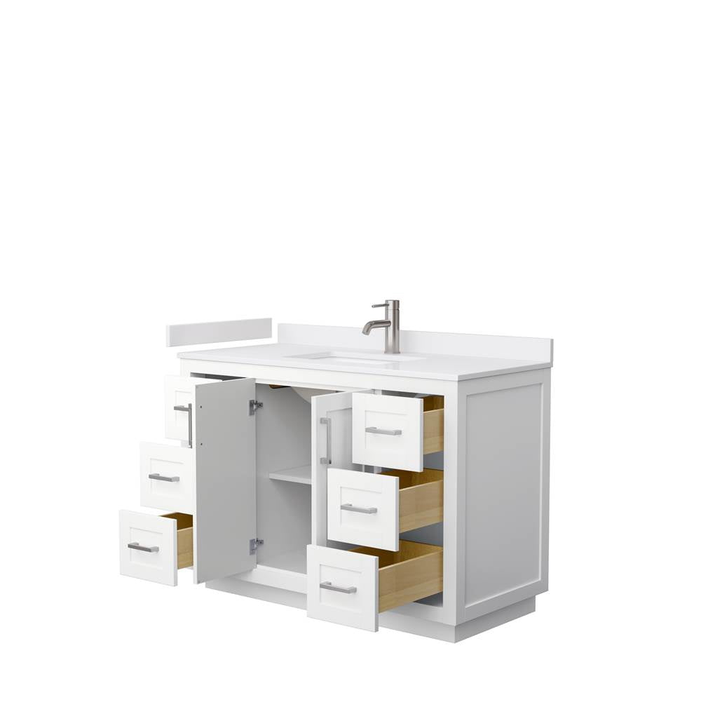 Miranda 48 Inch Single Bathroom Vanity in White, White Cultured Marble Countertop, Undermount Square Sink, Brushed Nickel Trim