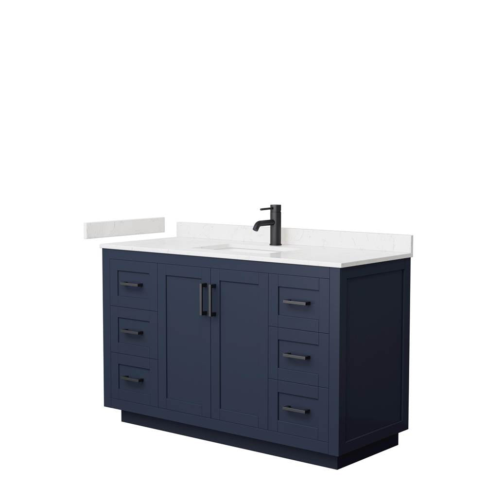 Wyndham Collection - Miranda 54 Inch Single Bathroom Vanity in Dark Blue, Carrara Cultured Marble Countertop, Undermount Square Sink, Matte Black Trim