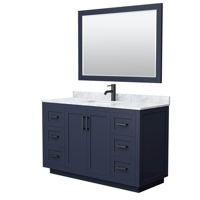 Wyndham Collection - Miranda 54 Inch Single Bathroom Vanity in Dark Blue, White Carrara Marble Countertop, Undermount Square Sink, Matte Black Trim, 46 Inch Mirror