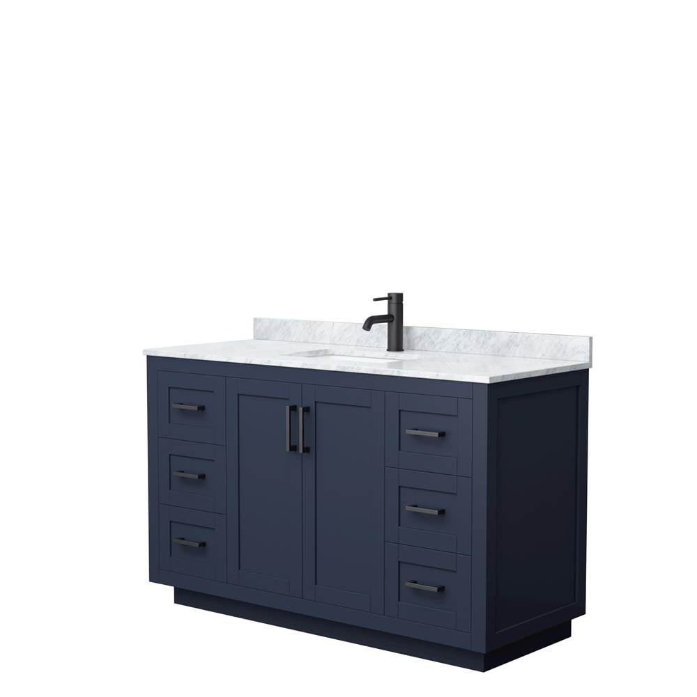 Wyndham Collection - Miranda 54 Inch Single Bathroom Vanity in Dark Blue, White Carrara Marble Countertop, Undermount Square Sink, Matte Black Trim