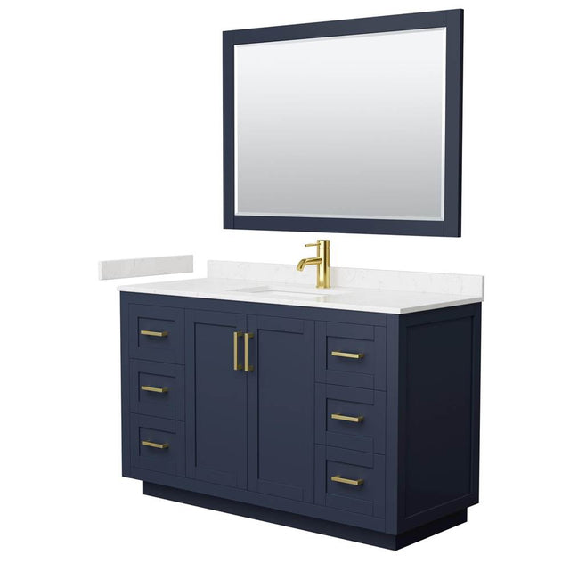 Wyndham Collection - Miranda 54 Inch Single Bathroom Vanity in Dark Blue, Carrara Cultured Marble Countertop, Undermount Square Sink, Brushed Gold Trim, 46 Inch Mirror