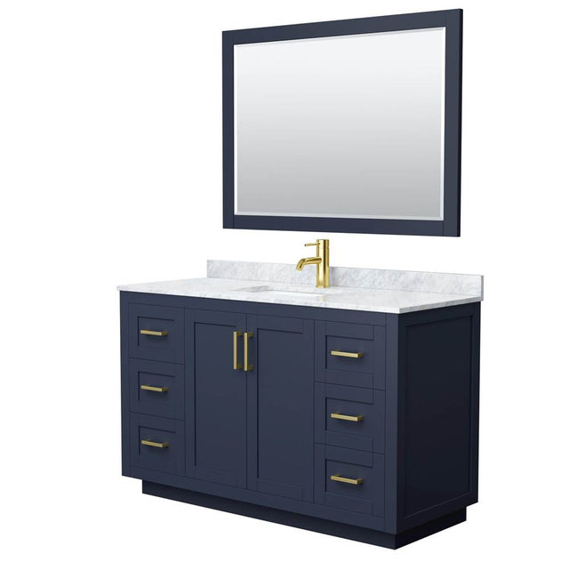 Wyndham Collection - Miranda 54 Inch Single Bathroom Vanity in Dark Blue, White Carrara Marble Countertop, Undermount Square Sink, Brushed Gold Trim, 46 Inch Mirror