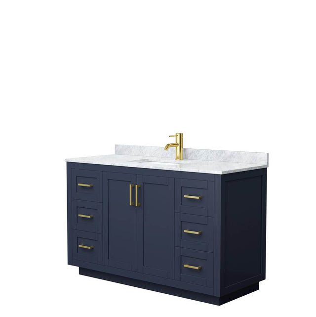 Wyndham Collection - Miranda 54 Inch Single Bathroom Vanity in Dark Blue, White Carrara Marble Countertop, Undermount Square Sink, Brushed Gold Trim