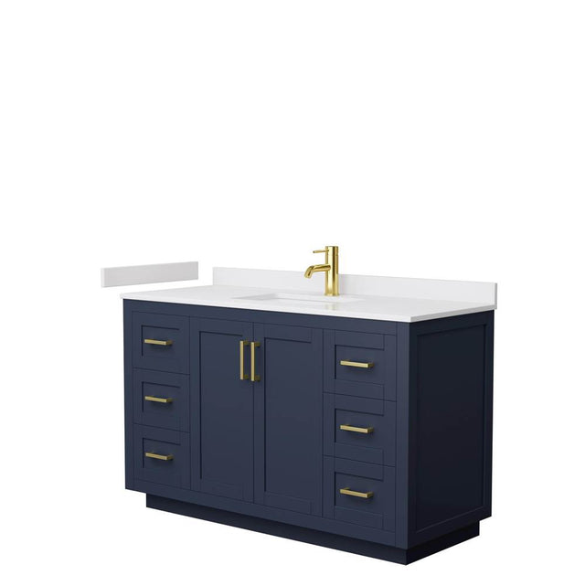 Wyndham Collection - Miranda 54 Inch Single Bathroom Vanity in Dark Blue, White Cultured Marble Countertop, Undermount Square Sink, Brushed Gold Trim