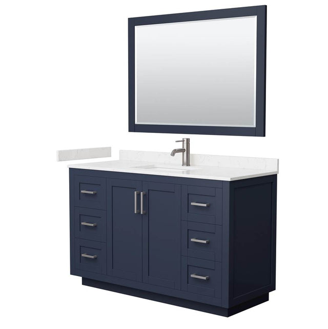 Wyndham Collection - Miranda 54 Inch Single Bathroom Vanity in Dark Blue, Carrara Cultured Marble Countertop, Undermount Square Sink, Brushed Nickel Trim, 46 Inch Mirror