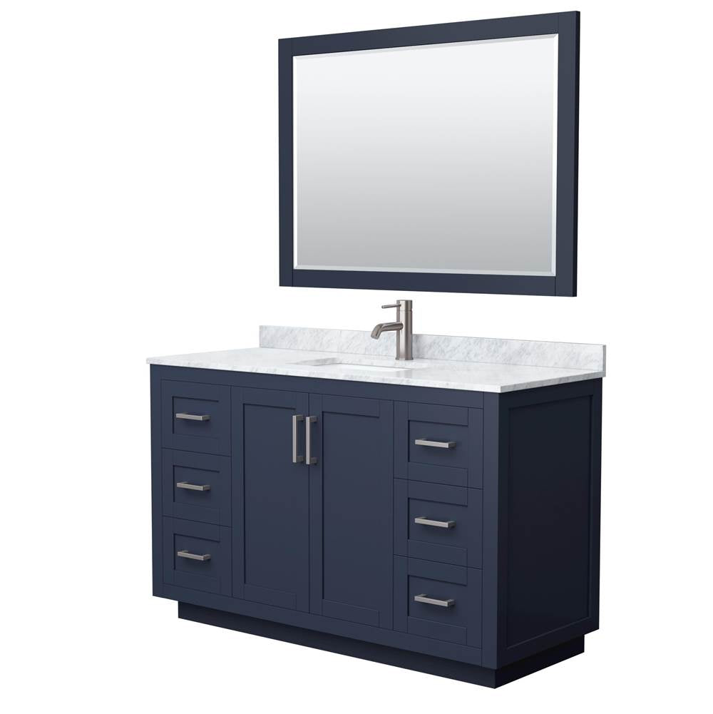 Wyndham Collection - Miranda 54 Inch Single Bathroom Vanity in Dark Blue, White Carrara Marble Countertop, Undermount Square Sink, Brushed Nickel Trim, 46 Inch Mirror