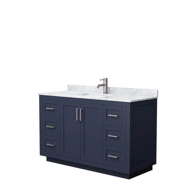 Wyndham Collection - Miranda 54 Inch Single Bathroom Vanity in Dark Blue, White Carrara Marble Countertop, Undermount Square Sink, Brushed Nickel Trim