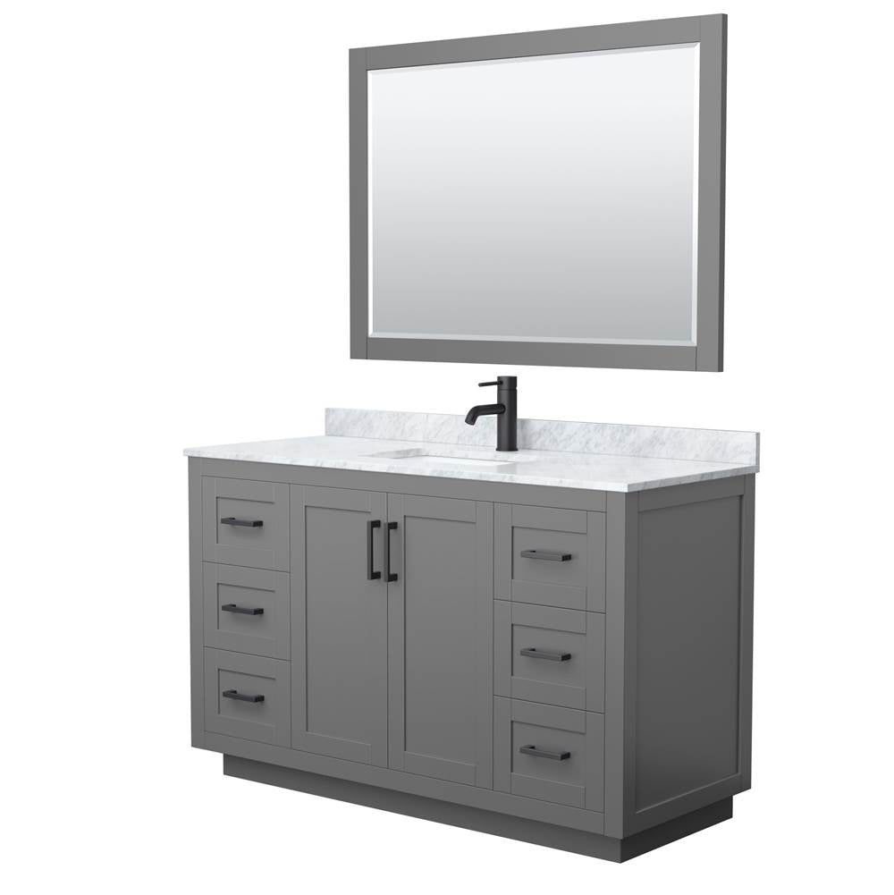 Wyndham Collection - Miranda 54 Inch Single Bathroom Vanity in Dark Gray, White Carrara Marble Countertop, Undermount Square Sink, Matte Black Trim, 46 Inch Mirror