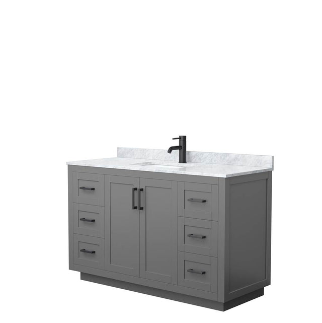 Wyndham Collection - Miranda 54 Inch Single Bathroom Vanity in Dark Gray, White Carrara Marble Countertop, Undermount Square Sink, Matte Black Trim