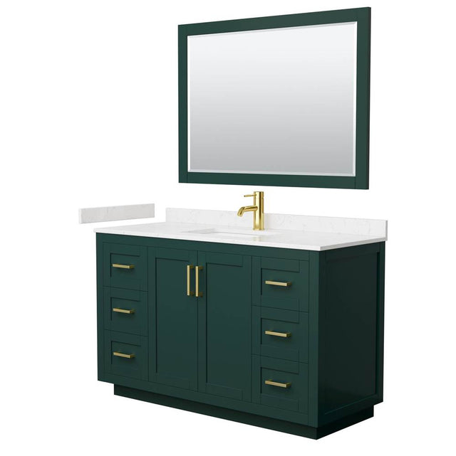 Wyndham Collection - Miranda 54 Inch Single Bathroom Vanity in Green, Carrara Cultured Marble Countertop, Undermount Square Sink, Brushed Gold Trim, 46 Inch Mirror