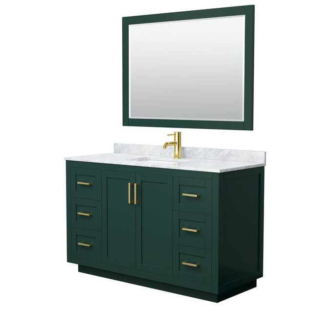 Wyndham Collection - Miranda 54 Inch Single Bathroom Vanity in Green, White Carrara Marble Countertop, Undermount Square Sink, Brushed Gold Trim, 46 Inch Mirror