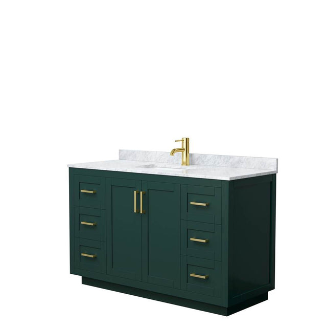 Wyndham Collection - Miranda 54 Inch Single Bathroom Vanity in Green, White Carrara Marble Countertop, Undermount Square Sink, Brushed Gold Trim
