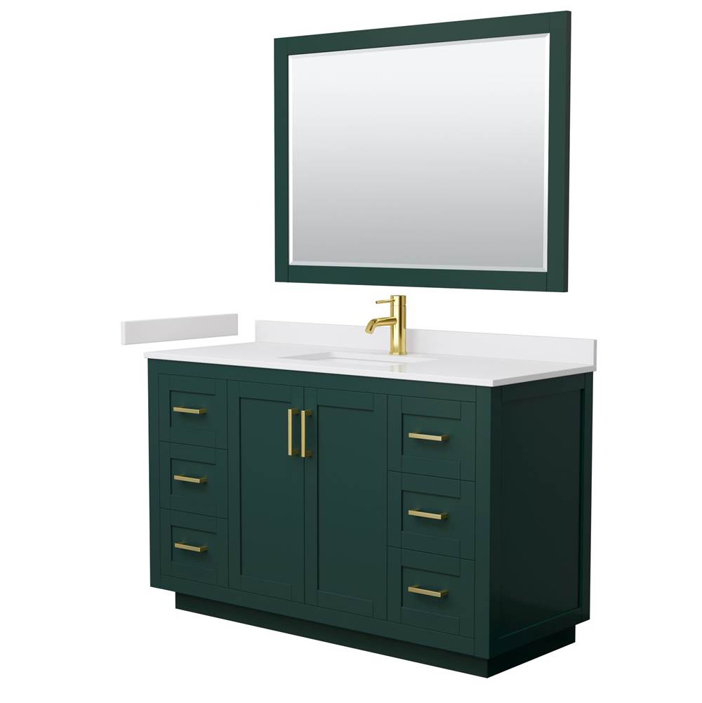 Wyndham Collection - Miranda 54 Inch Single Bathroom Vanity in Green, White Cultured Marble Countertop, Undermount Square Sink, Brushed Gold Trim, 46 Inch Mirror