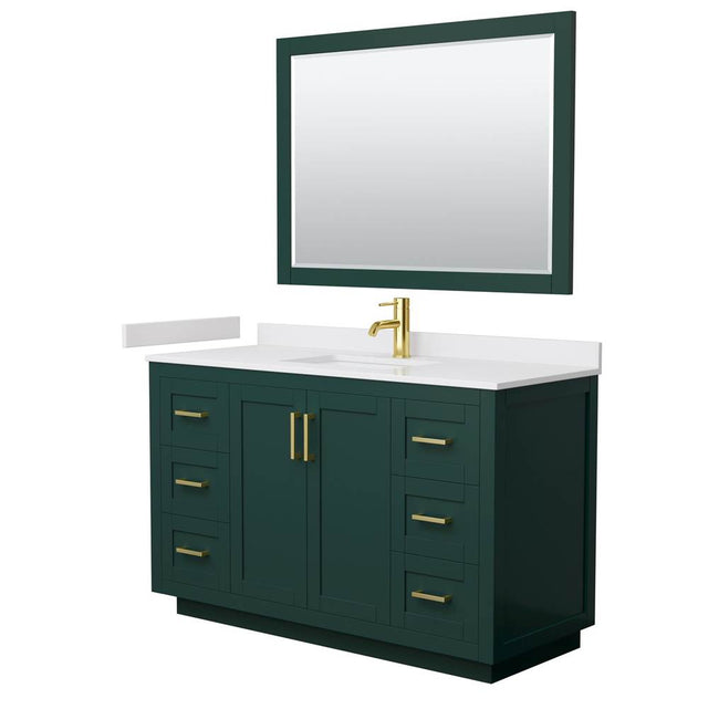 Wyndham Collection - Miranda 54 Inch Single Bathroom Vanity in Green, White Cultured Marble Countertop, Undermount Square Sink, Brushed Gold Trim, 46 Inch Mirror
