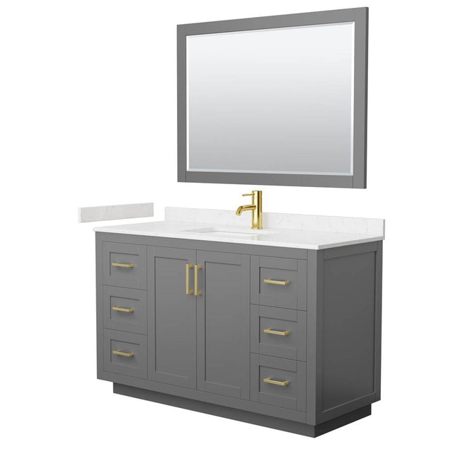 Wyndham Collection - Miranda 54 Inch Single Bathroom Vanity in Dark Gray, Carrara Cultured Marble Countertop, Undermount Square Sink, Brushed Gold Trim, 46 Inch Mirror