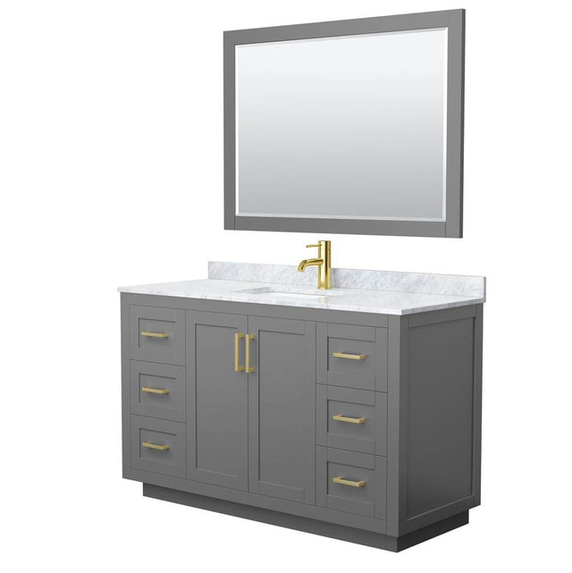 Wyndham Collection - Miranda 54 Inch Single Bathroom Vanity in Dark Gray, White Carrara Marble Countertop, Undermount Square Sink, Brushed Gold Trim, 46 Inch Mirror