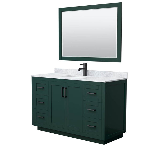 Wyndham Collection - Miranda 54 Inch Single Bathroom Vanity in Green, White Carrara Marble Countertop, Undermount Square Sink, Matte Black Trim, 46 Inch Mirror