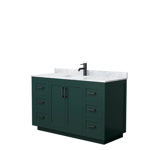 Wyndham Collection - Miranda 54 Inch Single Bathroom Vanity in Green, White Carrara Marble Countertop, Undermount Square Sink, Matte Black Trim