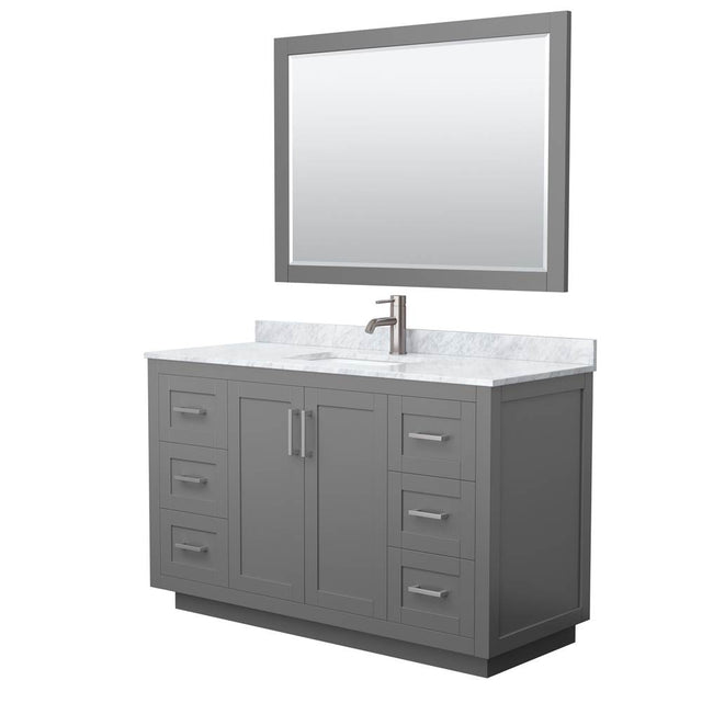 Wyndham Collection - Miranda 54 Inch Single Bathroom Vanity in Dark Gray, White Carrara Marble Countertop, Undermount Square Sink, Brushed Nickel Trim, 46 Inch Mirror