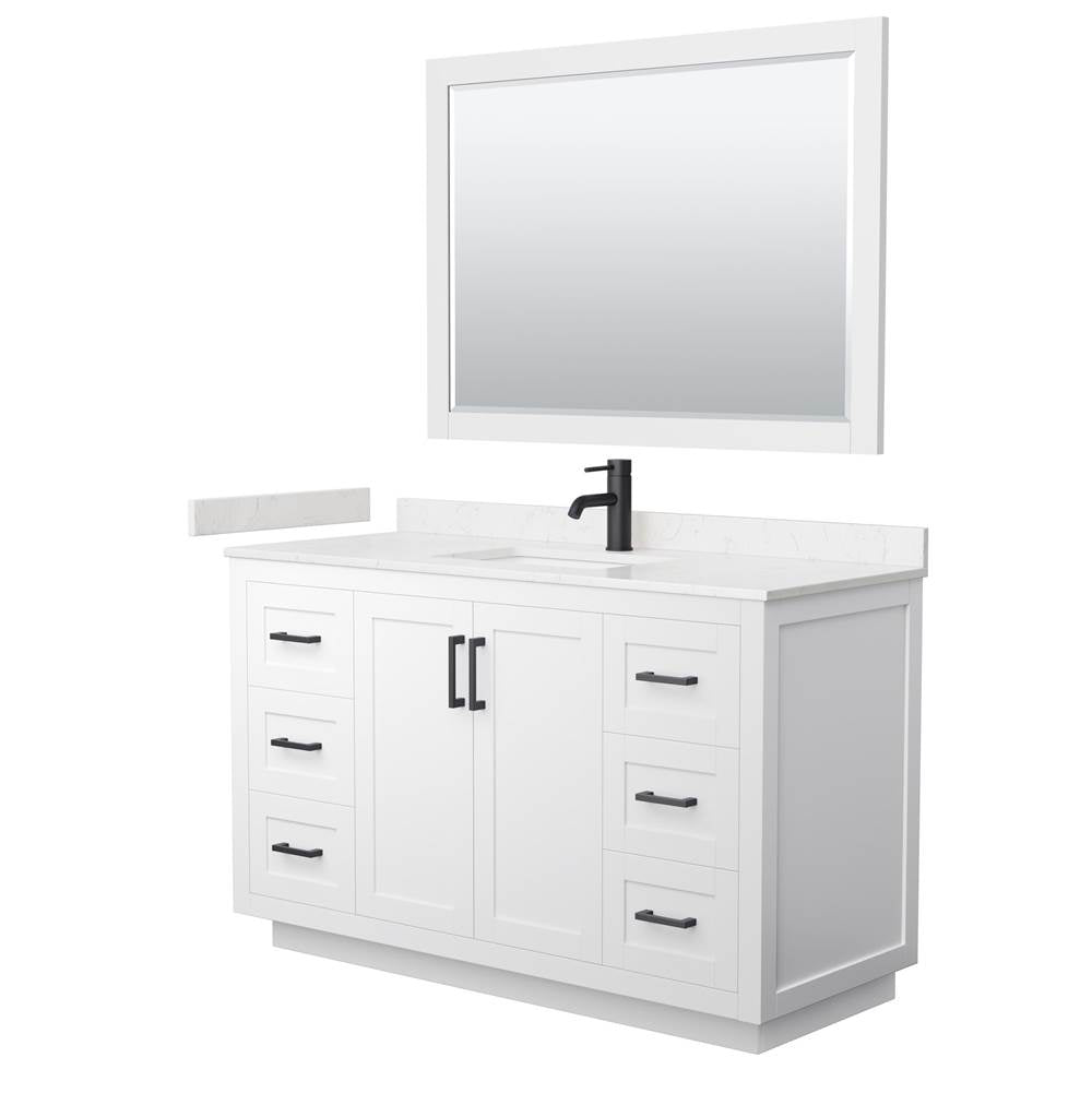 Wyndham Collection - Miranda 54 Inch Single Bathroom Vanity in White, Carrara Cultured Marble Countertop, Undermount Square Sink, Matte Black Trim, 46 Inch Mirror