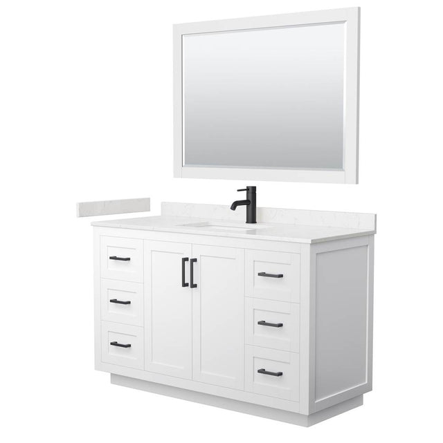 Wyndham Collection - Miranda 54 Inch Single Bathroom Vanity in White, Carrara Cultured Marble Countertop, Undermount Square Sink, Matte Black Trim, 46 Inch Mirror