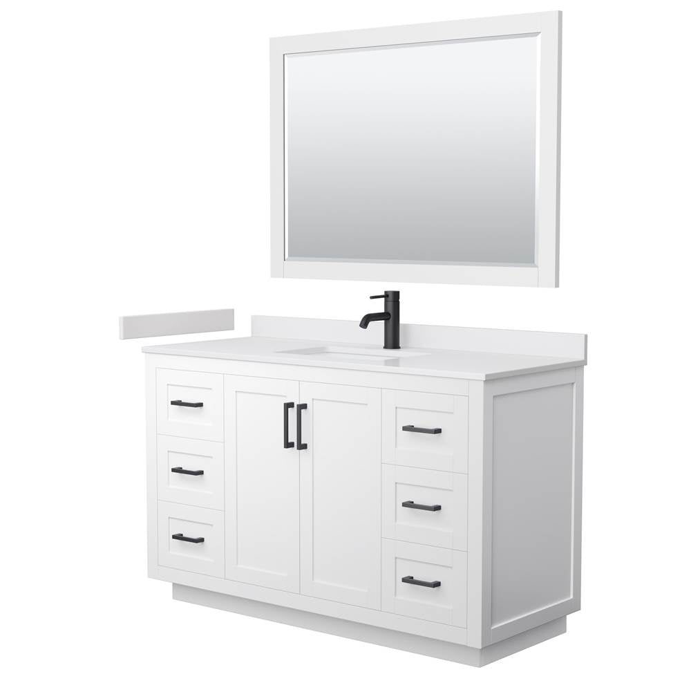 Wyndham Collection - Miranda 54 Inch Single Bathroom Vanity in White, White Cultured Marble Countertop, Undermount Square Sink, Matte Black Trim, 46 Inch Mirror