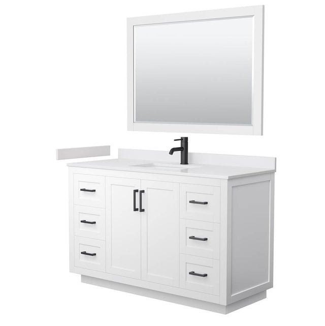 Wyndham Collection - Miranda 54 Inch Single Bathroom Vanity in White, White Cultured Marble Countertop, Undermount Square Sink, Matte Black Trim, 46 Inch Mirror
