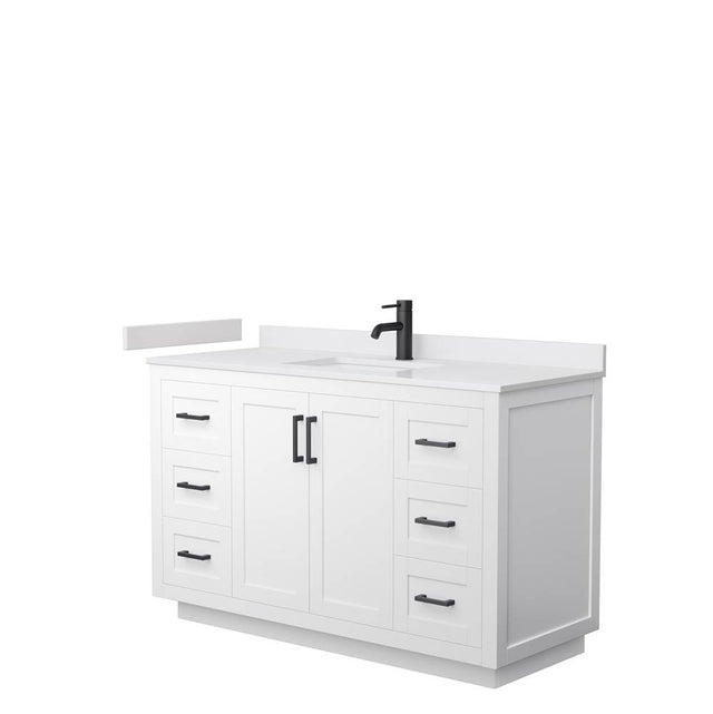 Wyndham Collection - Miranda 54 Inch Single Bathroom Vanity in White, White Cultured Marble Countertop, Undermount Square Sink, Matte Black Trim