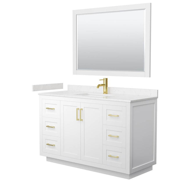 Wyndham Collection - Miranda 54 Inch Single Bathroom Vanity in White, Carrara Cultured Marble Countertop, Undermount Square Sink, Brushed Gold Trim, 46 Inch Mirror