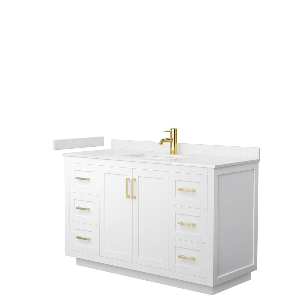 Wyndham Collection - Miranda 54 Inch Single Bathroom Vanity in White, Carrara Cultured Marble Countertop, Undermount Square Sink, Brushed Gold Trim
