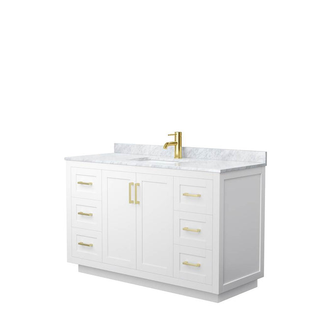 Wyndham Collection - Miranda 54 Inch Single Bathroom Vanity in White, White Carrara Marble Countertop, Undermount Square Sink, Brushed Gold Trim