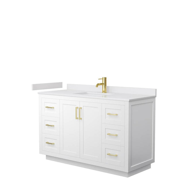Wyndham Collection - Miranda 54 Inch Single Bathroom Vanity in White, White Cultured Marble Countertop, Undermount Square Sink, Brushed Gold Trim