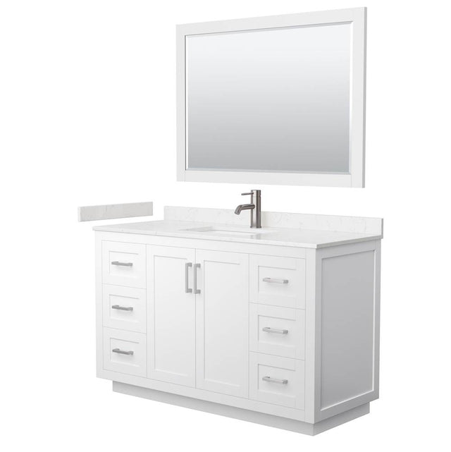 Wyndham Collection - Miranda 54 Inch Single Bathroom Vanity in White, Carrara Cultured Marble Countertop, Undermount Square Sink, Brushed Nickel Trim, 46 Inch Mirror