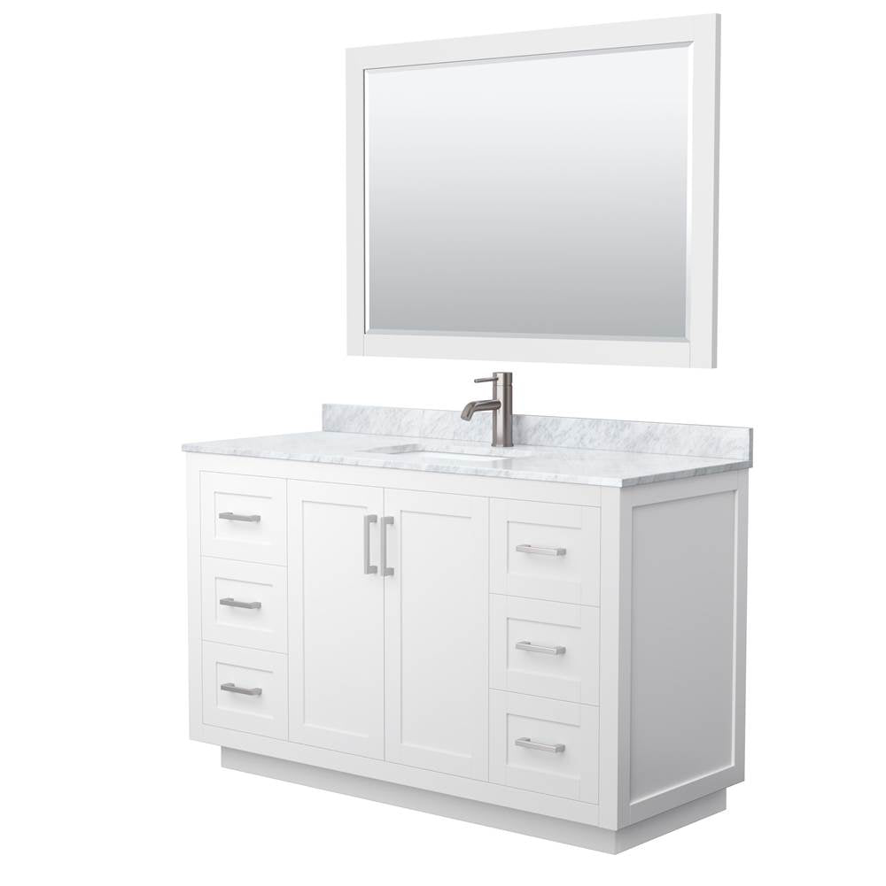 Wyndham Collection - Miranda 54 Inch Single Bathroom Vanity in White, White Carrara Marble Countertop, Undermount Square Sink, Brushed Nickel Trim, 46 Inch Mirror