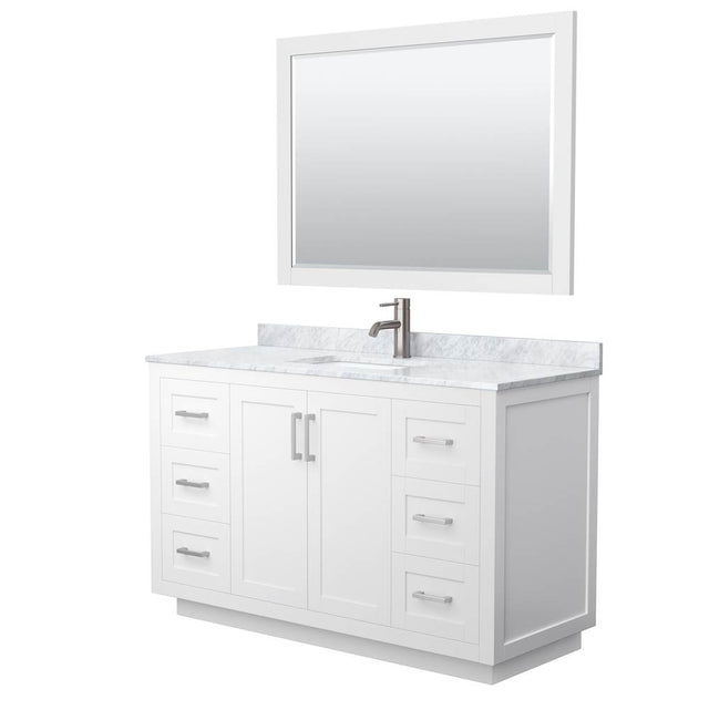 Wyndham Collection - Miranda 54 Inch Single Bathroom Vanity in White, White Carrara Marble Countertop, Undermount Square Sink, Brushed Nickel Trim, 46 Inch Mirror