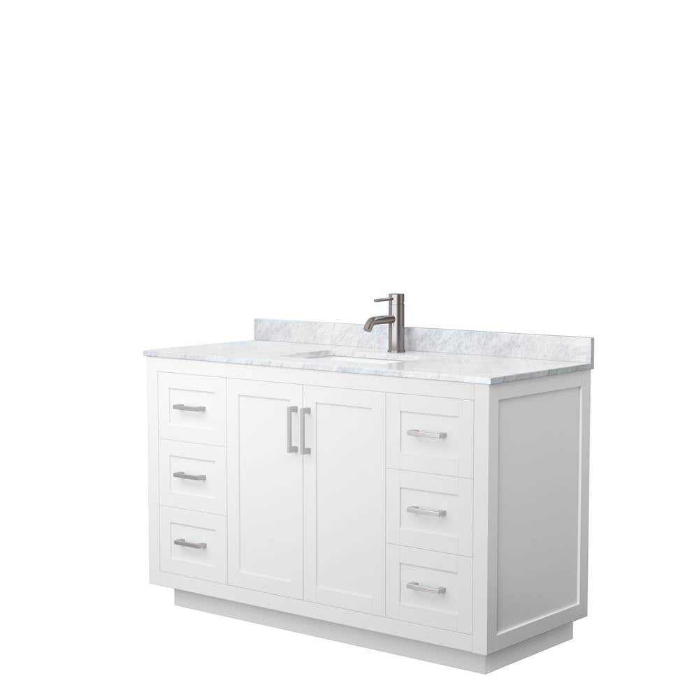 Wyndham Collection - Miranda 54 Inch Single Bathroom Vanity in White, White Carrara Marble Countertop, Undermount Square Sink, Brushed Nickel Trim