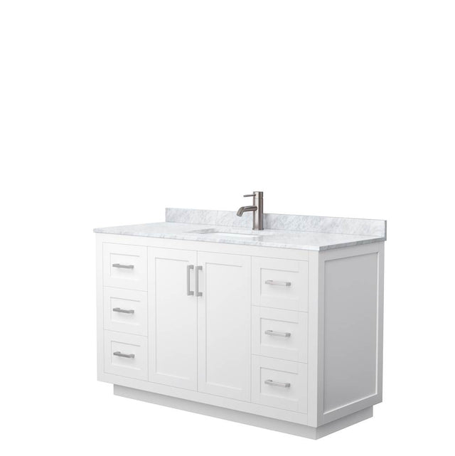 Wyndham Collection - Miranda 54 Inch Single Bathroom Vanity in White, White Carrara Marble Countertop, Undermount Square Sink, Brushed Nickel Trim