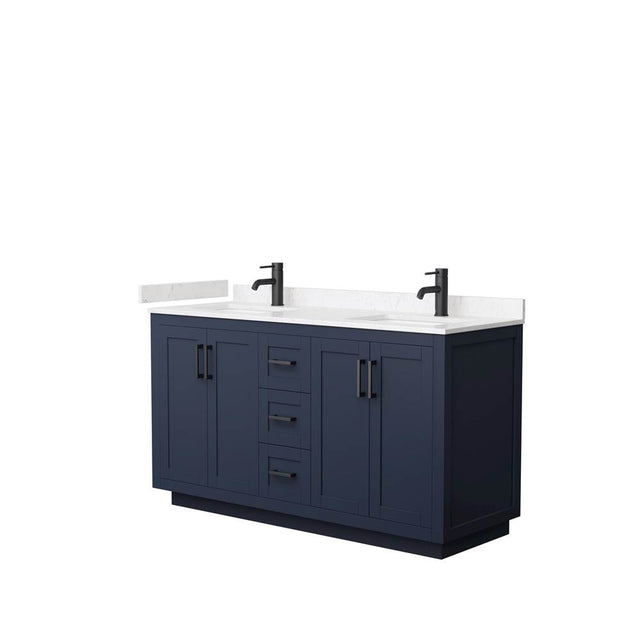 Wyndham Collection - Miranda 60 Inch Double Bathroom Vanity in Dark Blue, Carrara Cultured Marble Countertop, Undermount Square Sinks, Matte Black Trim