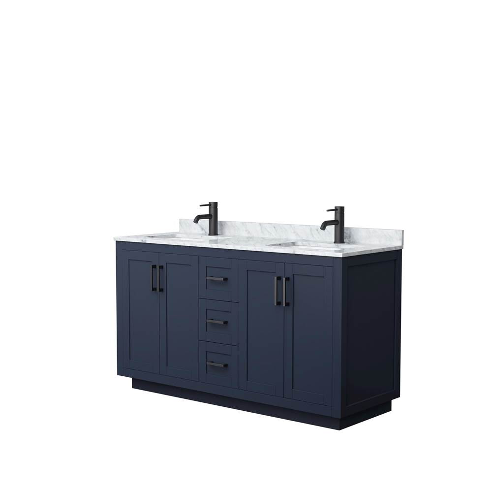 Wyndham Collection - Miranda 60 Inch Double Bathroom Vanity in Dark Blue, White Carrara Marble Countertop, Undermount Square Sinks, Matte Black Trim